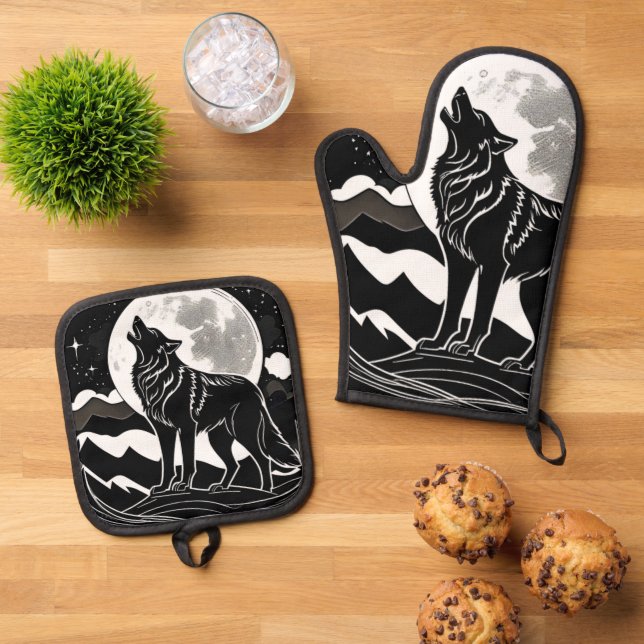Ensemble De Gant De Cuisine Et De Manique Silhouette Wolf de nuit (De haut en bas)