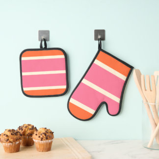 Ensemble De Gant De Cuisine Et De Manique Simples rayures en rose, orange et crème