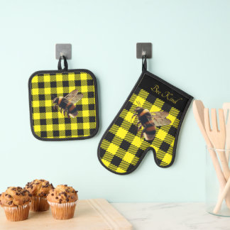 Ensemble De Gant De Cuisine Et De Manique "Sois Gentil" Gingham