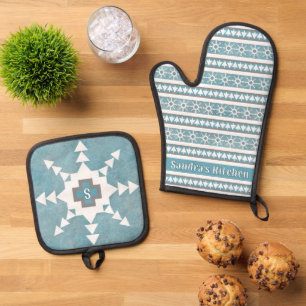Ensemble De Gant De Cuisine Et De Manique Southwest Winter Snowflakes & Pines Personnalisé