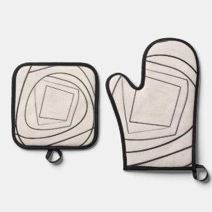 Ensemble De Gant De Cuisine Et De Manique Spirale Carrée Abstraite Noir Blanc