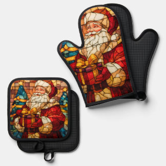 Ensemble De Gant De Cuisine Et De Manique Stained Glass Santa