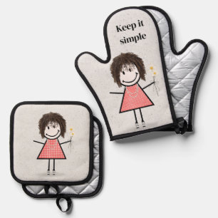 Ensemble De Gant De Cuisine Et De Manique Stick Girl Avec Marguerites Et Citation