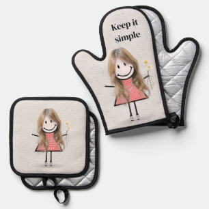 Ensemble De Gant De Cuisine Et De Manique Stick Girl Avec Marguerites Et Citation