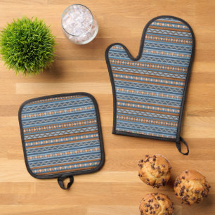 Ensemble De Gant De Cuisine Et De Manique Style sud-ouest bleu et Motif géométrique Brown