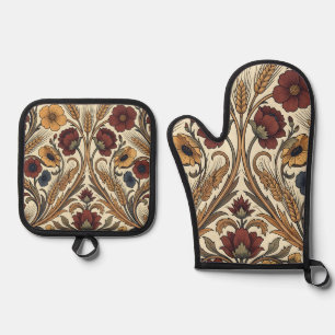 Ensemble De Gant De Cuisine Et De Manique Style William Morris Rouge Or Fleur Motif Blé