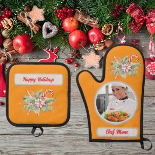 Ensemble De Gant De Cuisine Et De Manique Sucre de canne Chef personnalisé Maman Photo Noël