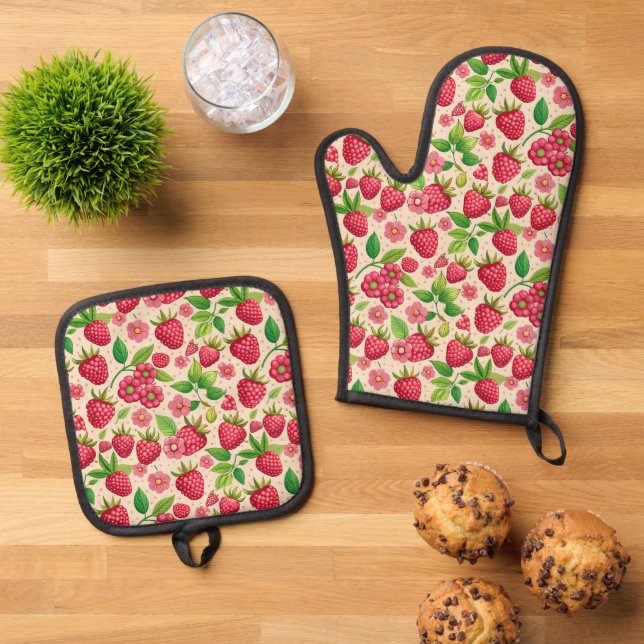 Ensemble De Gant De Cuisine Et De Manique Summer Raspberry Garden Botanical Fruit Pattern (De haut en bas)
