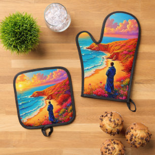Ensemble De Gant De Cuisine Et De Manique Sunset Beach Solitude Design de sérénité
