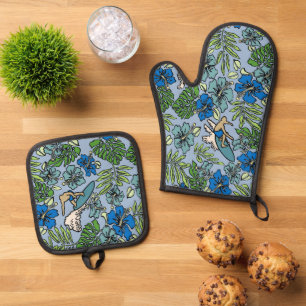 Ensemble De Gant De Cuisine Et De Manique Surf Pareau Hawaïen Hibiscus Surfing Bleu