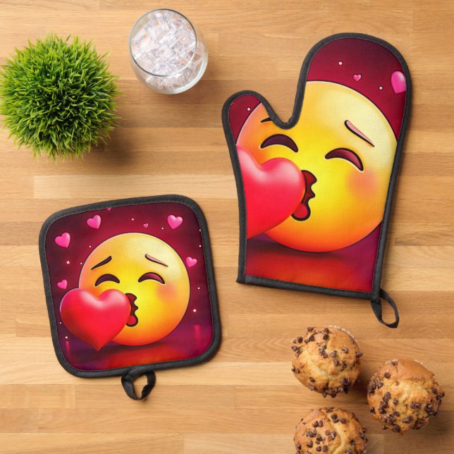 Ensemble De Gant De Cuisine Et De Manique Sweet Kiss Heart Emoji (De haut en bas)
