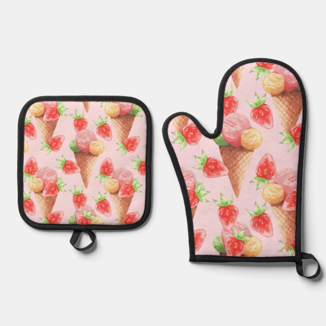 Ensemble De Gant De Cuisine Et De Manique Sweet Strawberry Ice Cream Watercolor  Apro (Recto)