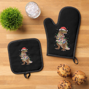 Ensemble De Gant De Cuisine Et De Manique T-shirt de Noël avec dinosaure T-rex et arbre de N