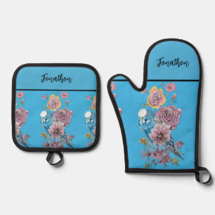 Ensemble De Gant De Cuisine Et De Manique Tablier Art Budgies Perroquets Bleu Aquarelle Oise
