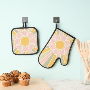 Ensemble De Gant De Cuisine Et De Manique Tablier de cuisine personnalisé Rétro Pastel Sunsh
