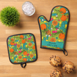Ensemble De Gant De Cuisine Et De Manique Tablier de pharmacie bleu et vert orange personnal