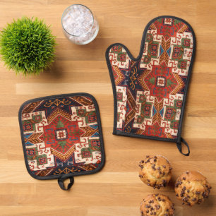 Ensemble De Gant De Cuisine Et De Manique Tapis Oriental Coloré Rouge Noir Antique Vintage