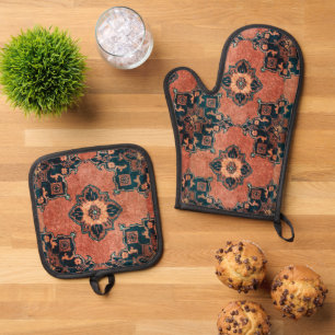 Ensemble De Gant De Cuisine Et De Manique Tapis Perse Vintage antique en terre cuite orienta