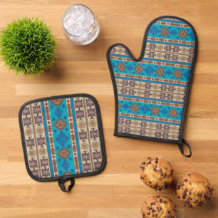 Ensemble De Gant De Cuisine Et De Manique Tapis turc Kilim Antique Aqua Bleu Pâle Or