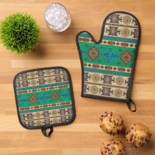 Ensemble De Gant De Cuisine Et De Manique Tapis turc kilim antique vert bleu