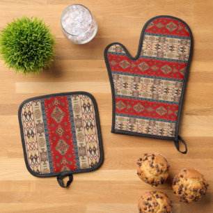 Ensemble De Gant De Cuisine Et De Manique Tapis turc Kilim rouge beige antique vintage
