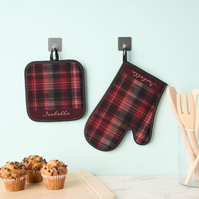 Ensemble De Gant De Cuisine Et De Manique Tartan écossais blanc rouge noir personnalisé (In situ (suspendu))