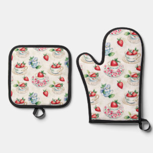 Ensemble De Gant De Cuisine Et De Manique Teacup de fraise vintage motif floral