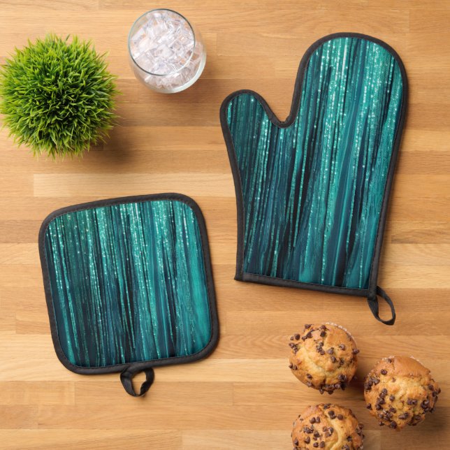 Ensemble De Gant De Cuisine Et De Manique Teal Green Glitzy Glam Tinsel Stripes  (De haut en bas)