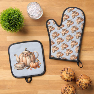 Ensemble De Gant De Cuisine Et De Manique Teapot citrouille avec fleurs d'automne