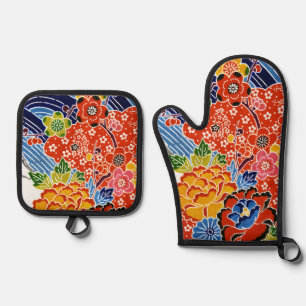 Ensemble De Gant De Cuisine Et De Manique Teinture d'Okinawa japonaise (Bingata)