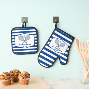 Ensemble De Gant De Cuisine Et De Manique Tennis sur mesure Country Club Bleu rayé