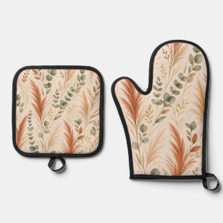 Ensemble De Gant De Cuisine Et De Manique Terracotta Pampas Grass Eucalyptus Neutral Boho