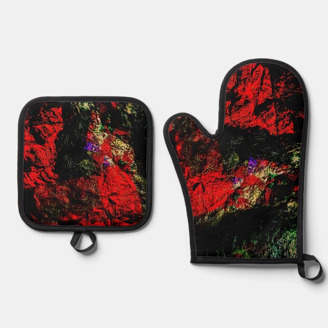 Ensemble De Gant De Cuisine Et De Manique Texture abstrait rouge et Pot Holders (Recto)