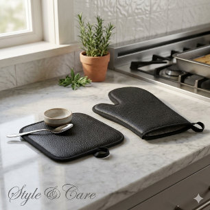 Ensemble De Gant De Cuisine Et De Manique Texture de finition en cuir noir élégant