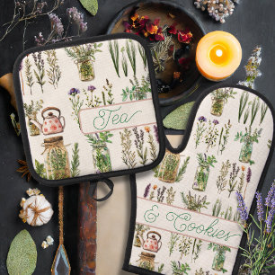 Ensemble De Gant De Cuisine Et De Manique Thé Motif et biscuits aux herbes