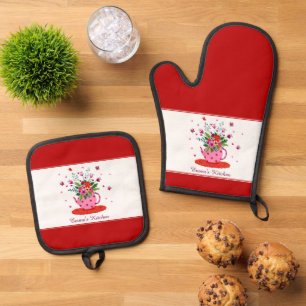 Ensemble De Gant De Cuisine Et De Manique Théière personnalisée florale