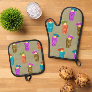 Ensemble De Gant De Cuisine Et De Manique Tiki Mugs Retro Hawaiian Tropical Boissons Khaki