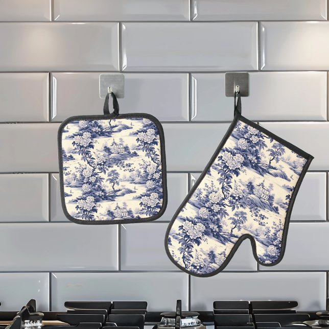 Ensemble De Gant De Cuisine Et De Manique Toile De Jouy Blue Marine motif (Créateur téléchargé)