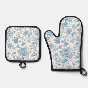 Ensemble De Gant De Cuisine Et De Manique Toile-de-jouy Chinoiseries motif floral bleu