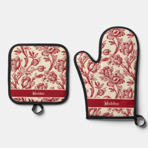 Ensemble De Gant De Cuisine Et De Manique Toile de tulipes rouge et crème - Décor champêtre