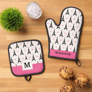 Ensemble De Gant De Cuisine Et De Manique Tour Eiffel Pois & Coeurs Motif