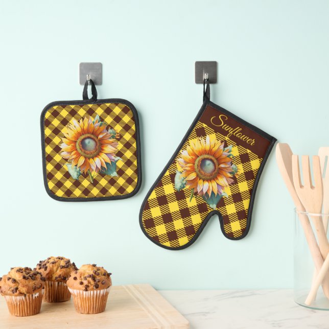 Ensemble De Gant De Cuisine Et De Manique "Tournesol"  Gingham (In situ (suspendu))