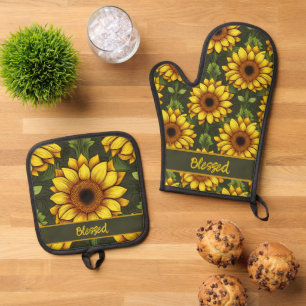 Ensemble De Gant De Cuisine Et De Manique Tournesol orange jaune avec vert et Brown