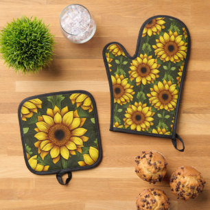 Ensemble De Gant De Cuisine Et De Manique Tournesol orange jaune avec vert et Brown
