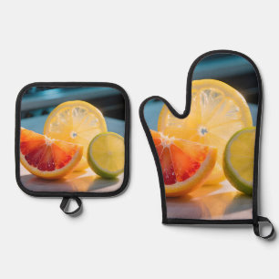 Ensemble De Gant De Cuisine Et De Manique Tranches de Citron Vibrantes Citron Vert Grapefrui