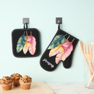 Ensemble De Gant De Cuisine Et De Manique Trois feuilles de banane aux couleurs pastel
