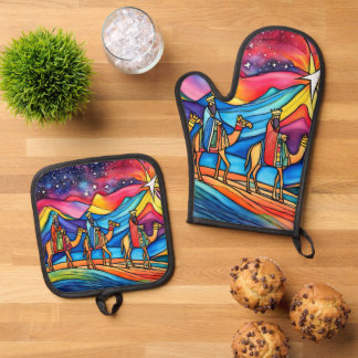 Ensemble De Gant De Cuisine Et De Manique Trois Sages Hommes Coloré Noël Fête 