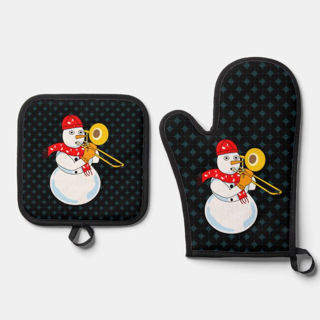 Ensemble De Gant De Cuisine Et De Manique Trombone Snowman (Recto)