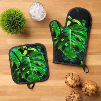 Ensemble De Gant De Cuisine Et De Manique Tropical Monstera Glow – Jungle Leaf Photography