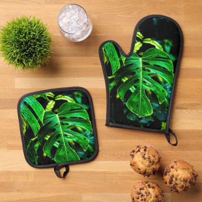 Ensemble De Gant De Cuisine Et De Manique Tropical Monstera Glow – Jungle Leaf Photography (De haut en bas)